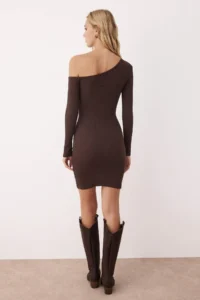 TRENDYOLMİLLA Brown Fitted Asymmetric Collar Mini Ribbed Flexible Knitting Pen Dress - Image 4