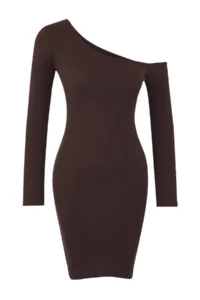 TRENDYOLMİLLA Brown Fitted Asymmetric Collar Mini Ribbed Flexible Knitting Pen Dress - Image 5