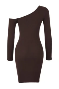 TRENDYOLMİLLA Brown Fitted Asymmetric Collar Mini Ribbed Flexible Knitting Pen Dress - Image 6