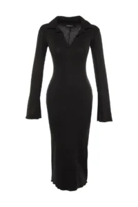 TRENDYOLMİLLA Black Fake Knitwear Fitted Polo Shirt Collar Maxi Ribbed Flexible Knitting Pen Dress - Image 7