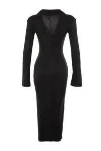 TRENDYOLMİLLA Black Fake Knitwear Fitted Polo Shirt Collar Maxi Ribbed Flexible Knitting Pen Dress - Image 8