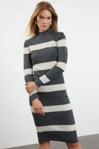 TRENDYOLMİLLA Anthracite Midi Knitwear Striped Dress - Image 2