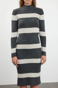 TRENDYOLMİLLA Anthracite Midi Knitwear Striped Dress - Image 3