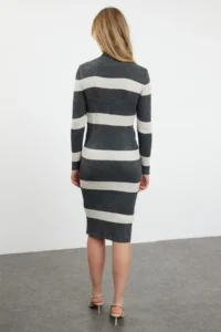 TRENDYOLMİLLA Anthracite Midi Knitwear Striped Dress - Image 5