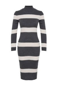 TRENDYOLMİLLA Anthracite Midi Knitwear Striped Dress - Image 6