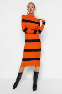 TRENDYOLMİLLA Orange Midi Knitwear Striped Dress - Image 2