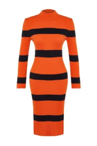 TRENDYOLMİLLA Orange Midi Knitwear Striped Dress - Image 6