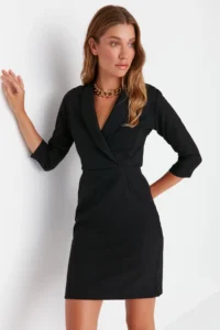 TRENDYOLMİLLA Black A Cut Jacket Yaka Mini Weaving Dress