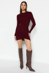 TRENDYOLMİLLA Burgundy Mini Knitwear Gather Detailed Dress