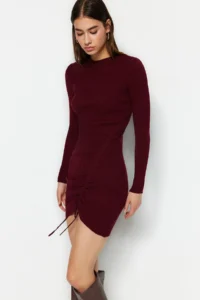 TRENDYOLMİLLA Burgundy Mini Knitwear Gather Detailed Dress - Image 2