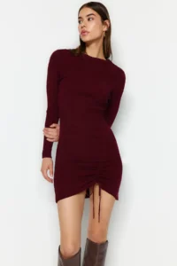 TRENDYOLMİLLA Burgundy Mini Knitwear Gather Detailed Dress - Image 3