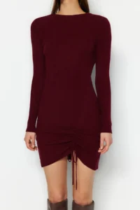 TRENDYOLMİLLA Burgundy Mini Knitwear Gather Detailed Dress - Image 4