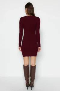 TRENDYOLMİLLA Burgundy Mini Knitwear Gather Detailed Dress - Image 5