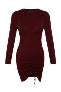 TRENDYOLMİLLA Burgundy Mini Knitwear Gather Detailed Dress - Image 6
