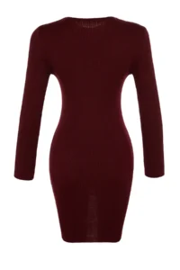 TRENDYOLMİLLA Burgundy Mini Knitwear Gather Detailed Dress - Image 8