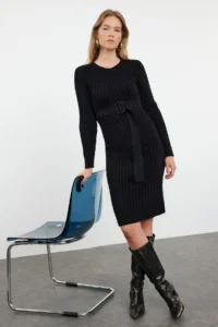 TRENDYOLMİLLA Black Mini Knitwear Arched Dress