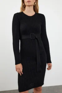 TRENDYOLMİLLA Black Mini Knitwear Arched Dress - Image 3