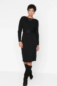 TRENDYOLMİLLA Black Mini Knitwear Arched Dress - Image 8