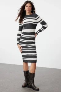 TRENDYOLMİLLA Anthracite Midi Knitwear Striped Dress