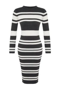 TRENDYOLMİLLA Anthracite Midi Knitwear Striped Dress - Image 6
