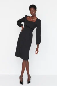 TRENDYOLMİLLA Black Binding Detailed Weaving Dress - Image 2