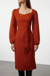 TRENDYOLMİLLA Brown Plain Midi Weaving Dress - Image 3