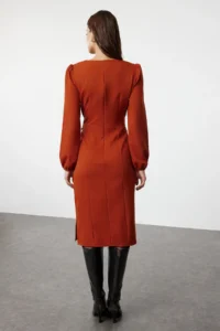 TRENDYOLMİLLA Brown Plain Midi Weaving Dress - Image 4