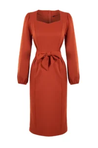 TRENDYOLMİLLA Brown Plain Midi Weaving Dress - Image 5