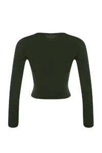 TRENDYOLMİLLA Khaki Dog collar Fitted Long Sleeve Shirred Flexible Knitting Blouse - Image 10