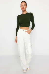 TRENDYOLMİLLA Khaki Dog collar Fitted Long Sleeve Shirred Flexible Knitting Blouse - Image 2