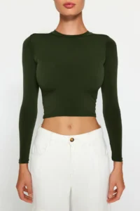 TRENDYOLMİLLA Khaki Dog collar Fitted Long Sleeve Shirred Flexible Knitting Blouse - Image 3