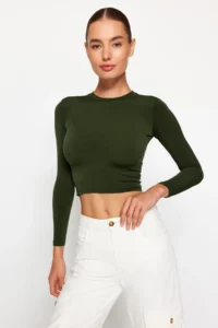 TRENDYOLMİLLA Khaki Dog collar Fitted Long Sleeve Shirred Flexible Knitting Blouse - Image 4