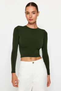 TRENDYOLMİLLA Khaki Dog collar Fitted Long Sleeve Shirred Flexible Knitting Blouse - Image 5