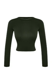 TRENDYOLMİLLA Khaki Dog collar Fitted Long Sleeve Shirred Flexible Knitting Blouse - Image 8