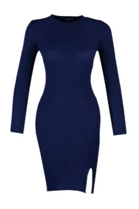 TRENDYOLMİLLA Navy Blue Mini Knitwear slit Fitted Dress - Image 6