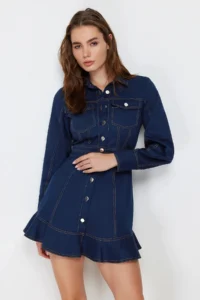 TRENDYOLMİLLA Navy Blue Button Detailed Mini Weaving Shirt Dress - Image 2