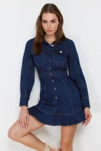 TRENDYOLMİLLA Navy Blue Button Detailed Mini Weaving Shirt Dress - Image 3