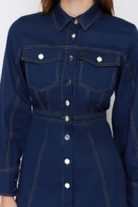 TRENDYOLMİLLA Navy Blue Button Detailed Mini Weaving Shirt Dress - Image 4