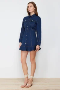 TRENDYOLMİLLA Navy Blue Button Detailed Mini Weaving Shirt Dress - Image 5