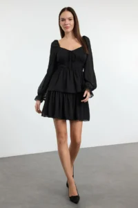 TRENDYOLMİLLA Black Frilly Mini Lined Siphon Flight Flight Weaving Dress