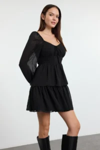 TRENDYOLMİLLA Black Frilly Mini Lined Siphon Flight Flight Weaving Dress - Image 2