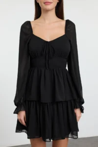 TRENDYOLMİLLA Black Frilly Mini Lined Siphon Flight Flight Weaving Dress - Image 3
