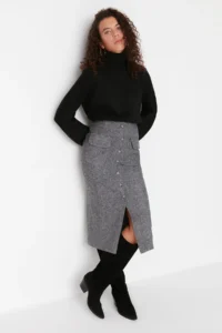 TRENDYOLMiLLA Gray Pocket Detail buttoned Winter Bowl Material Midi Weaving Skirt