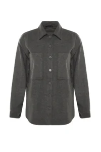TRENDYOLMİLLA Anthracite double pocket Oversized/Wide Pattern Bowl Weaving Shirt - Image 5