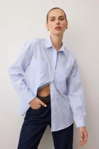 TRENDYOLMİLLA Mavi Striped Pocket Detail Oversized/Wide Pattern Weaving Shirt - Image 2