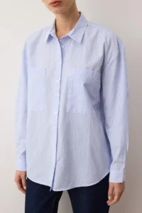 TRENDYOLMİLLA Mavi Striped Pocket Detail Oversized/Wide Pattern Weaving Shirt - Image 3