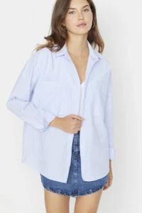 TRENDYOLMİLLA Mavi Striped Pocket Detail Oversized/Wide Pattern Weaving Shirt - Image 5