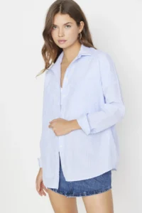 TRENDYOLMİLLA Mavi Striped Pocket Detail Oversized/Wide Pattern Weaving Shirt - Image 6