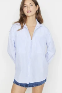 TRENDYOLMİLLA Mavi Striped Pocket Detail Oversized/Wide Pattern Weaving Shirt - Image 7