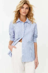 TRENDYOLMİLLA Navy Blue Striped Oversized Wide Pattern Weaving Shirt